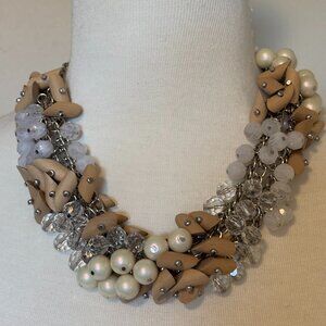 Wooden, faceted faux crystal pearl bead cluster necklace